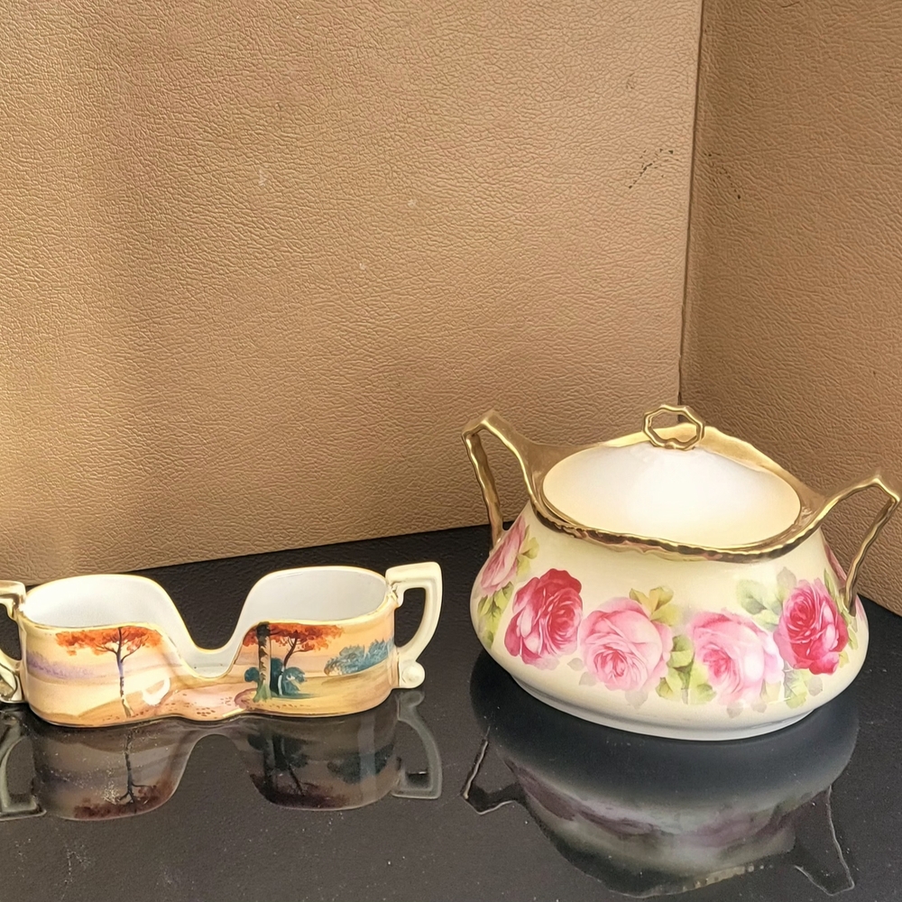 Antique Prussia Floral  Bowl With Lid And A Spoon Holder